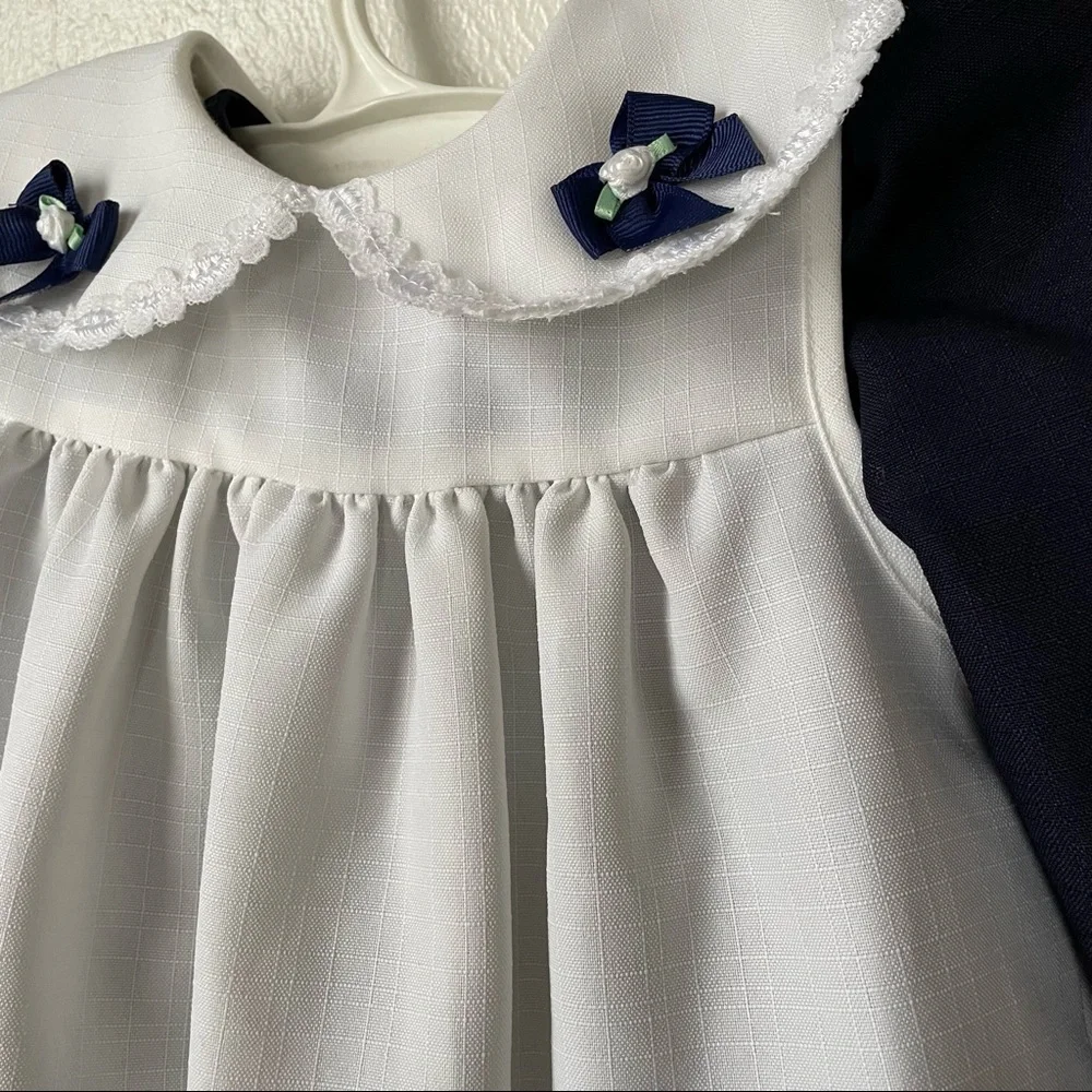 Vintage Rare Editions Girls White/Navy Blue Long Sleeve Apron Bib Dress Sz 3T